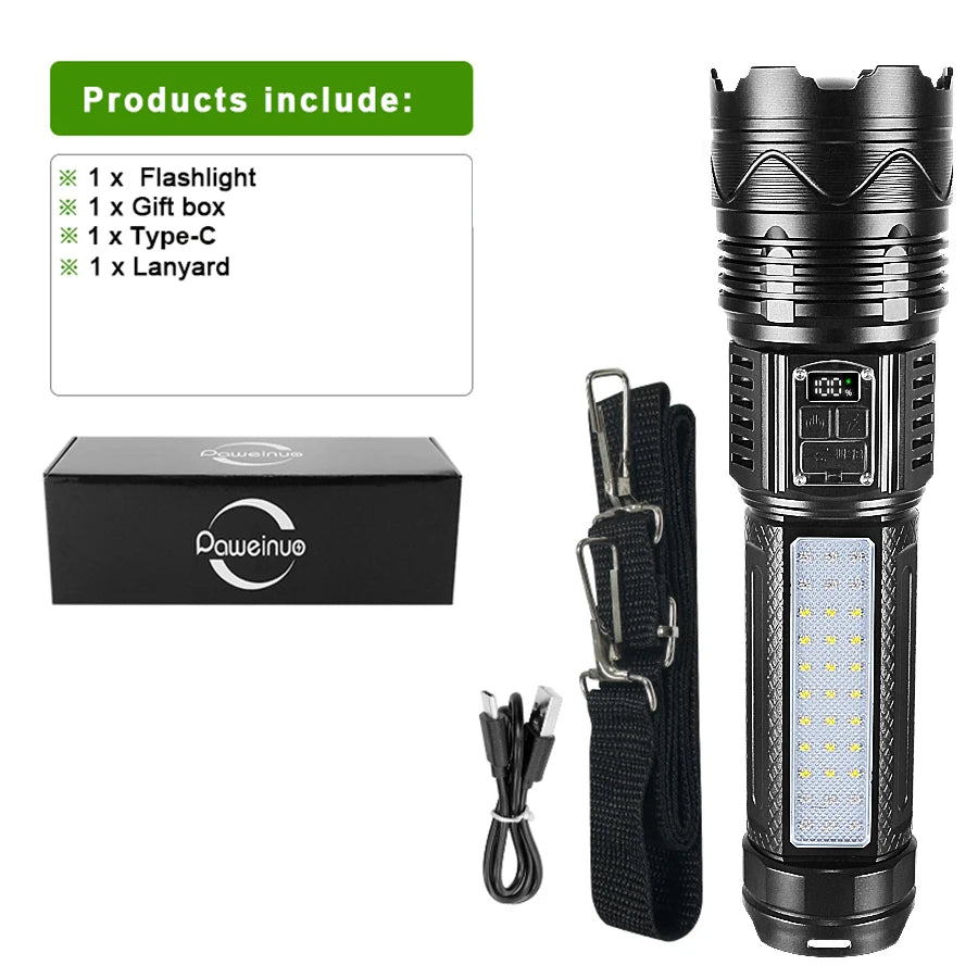 Lanterna Tática LED 1000000LM – Ultra Potente, 15000mAh, Alcance 5KM e Power Bank