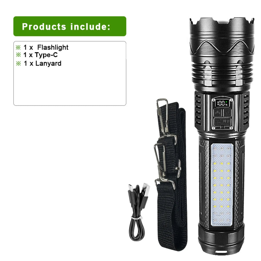 Lanterna Tática LED 1000000LM – Ultra Potente, 15000mAh, Alcance 5KM e Power Bank