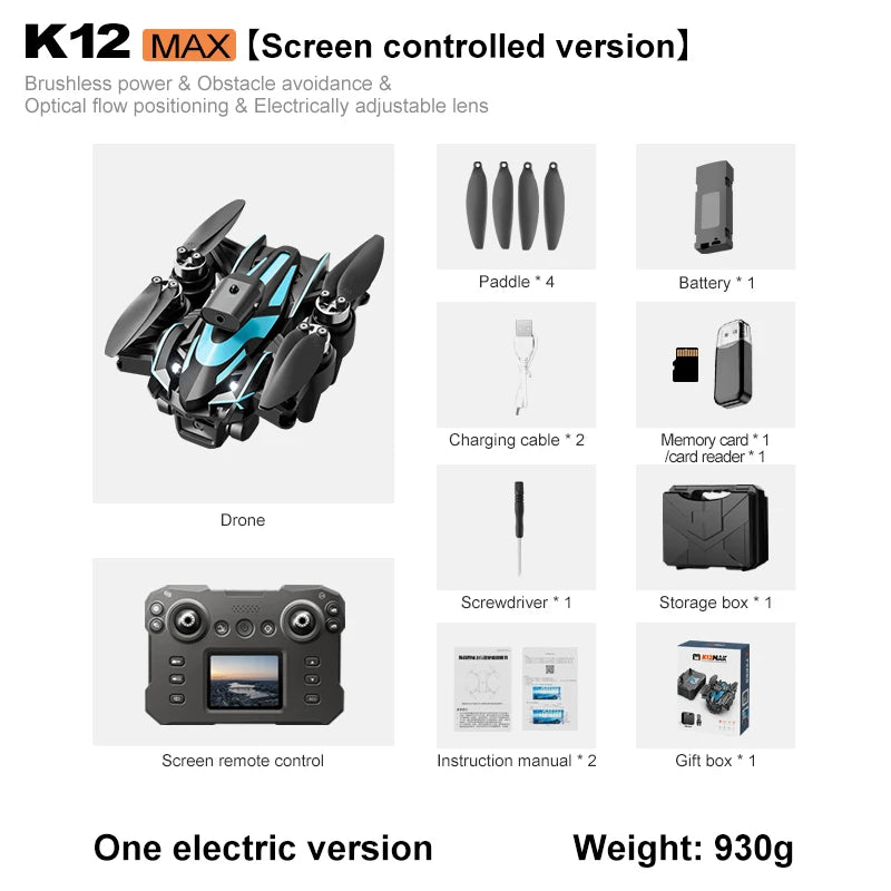 Drone K12 Max 4K com Câmera, Evita Obstáculos, Motor Brushless e Controle por Tela